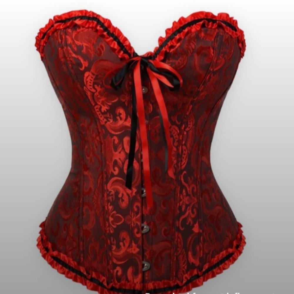 Gothic Corset Fire Red & Black Brocade Lace Up Steampunk Bustier Top Size Large